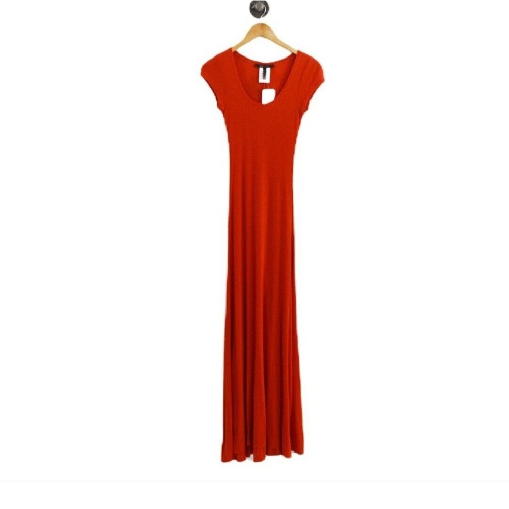 BCBG MaxAzria Lexie Dress Womens XS Orange Maxi Stretch Short Sleeve Ribbed